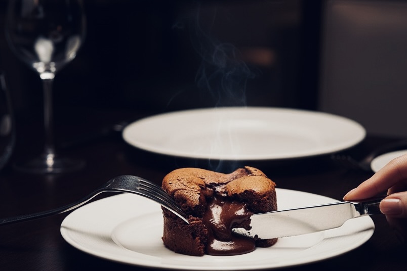 ナイフを入れた瞬間にとろけ出すフォンダンショコラのイメージ